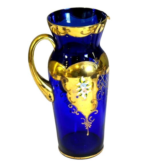 Tre Fuochi Venetian Murano Cobalt Blue Enameled and 24K Gold Decanter+6 Goblets - Picture 2 of 12